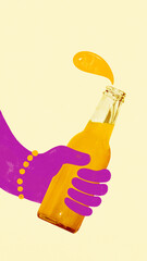Hand drawn collage of purple hand with bracelet holding orange bottle with splash on cream...
