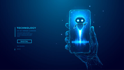 Futuristic AI assistant interacting via smartphone. Digital human holds mobile device, glowing chatbot emerges with sound waves. Concept of voice app, AI, smart tech. Technology Vector Illustration