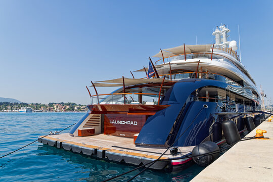 CORFU CITY, CORFU, IONIAN ISLANDS, GREECE - JULY 16, 2025: Yacht Launchpad at anchor in Corfu. Luxury motor mega yacht built by Feadship in the Netherlands in 2024. Superyacht owned by Mark Zuckerberg