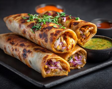 Street style egg roll wrapped paratha filled with onions chutney spicy flavors Indian fast food vibrant presentation