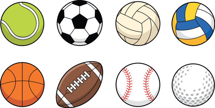 Set of various sports balls including basketball football soccer tennis volleyball baseball rugby golf and bowling icons collection 
