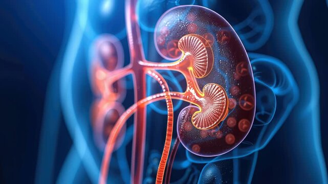 Detailed illustration of human kidneys, focusing on filtration and nephrons, realistic medical image, kidney anatomy