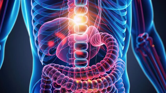 Detailed illustration of human intestines, focusing on absorption and villi, realistic medical image, intestinal anatomy