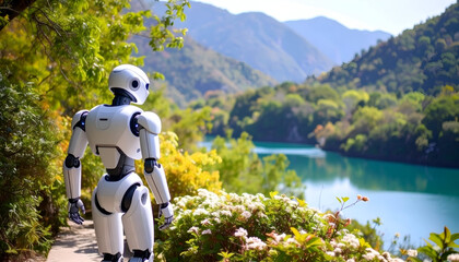 Robot views mountain lake scenery.