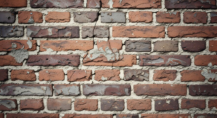 A close up view of a weathered brick wall with a crack running through the center bricks