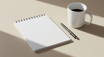A crisp white notebook, a sleek pen, and a steaming coffee cup are meticulously arranged in a clean, minimalist flat lay.