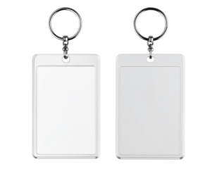 Top-Down View of Clear Plastic Rectangle Keychain with Metal Ring and Chain, Transparent Background