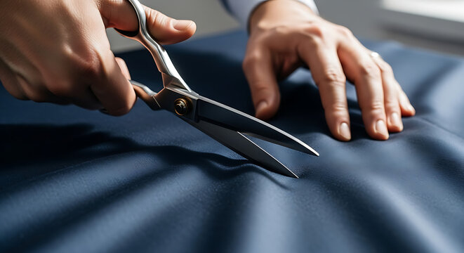 A tailor cutting dark blue fabric with scissors in a bright workspace area