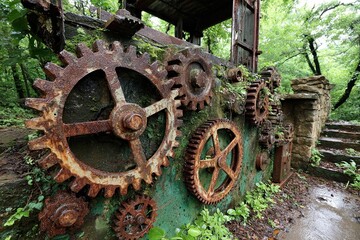 Rusty gears and machinery nestled in overgrown, damp surroundings