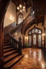 Ornate wooden staircase in a grand hall.