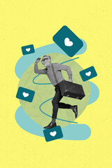 Poster pop collage of person run fast with flying social media hearts on yellow background