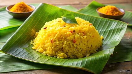 A mound of fragrant yellow rice seasoned with spices and