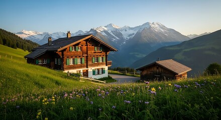 Fototapeta premium Wooden chalet nestled in a vibrant green meadow with snowy mountains in the background.