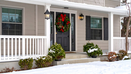 Snowy Home with Christmas Wreath, and Porch.