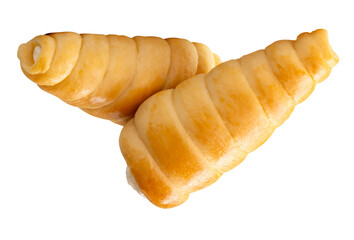 Side view of two puff pastry cream horns in stack isolated on white background with clipping path