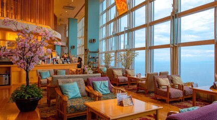 Fototapeta premium Spacious lounge area with panoramic ocean views.