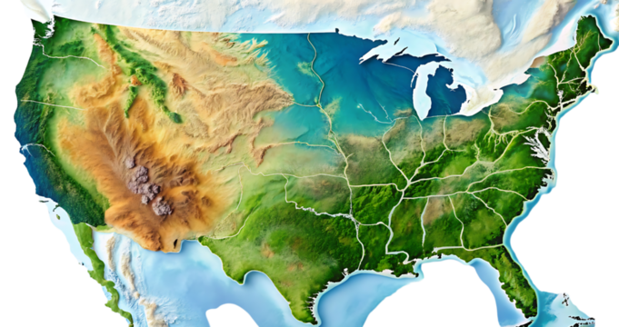 Detailed topographic map of the united states