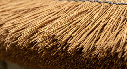 A close up view of a thatched roof showing the texture and pattern of the dried straw