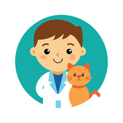 Cartoon Veterinarian Boy Holding A Kitten