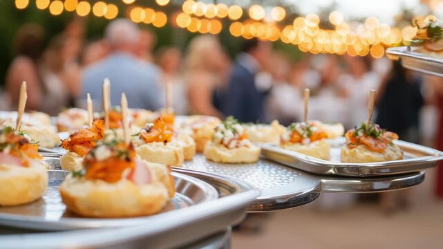 Close-up of gourmet appetizers served on silver trays at an outdoor wedding party, surrounded by lively guests under a canopy of string lights