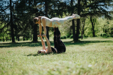 A duo engages in acro yoga outdoors, demonstrating balance and teamwork in a calm and serene...
