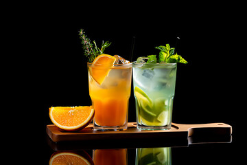 Two refreshing cocktails with orange and mint garnishes on a dark background