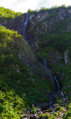 View of Polikarya Waterfall in Krasnaya Polyana, Sochi, Russia