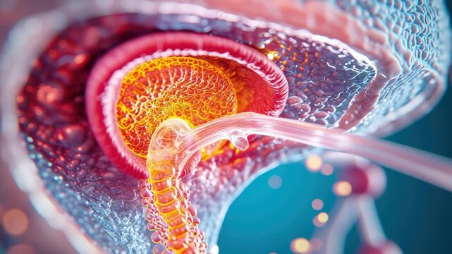 Close-up medical illustration of an enlarged prostate affecting the urinary system, high-resolution, detailed anatomy, cross-sectional perspective, educational focus