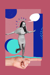 Poster banner collage of young woman walk balance on big hand finger point red background