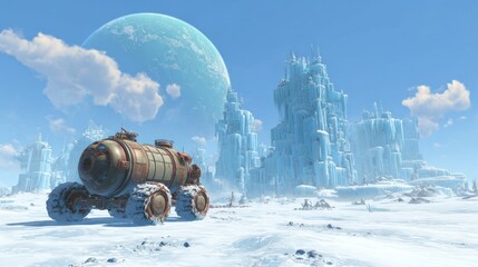Icy alien landscape with a vehicle