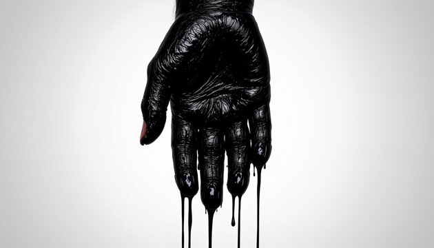 A powerful and dramatic image featuring a hand covered in oil or black paint dripping down from the top of the frame