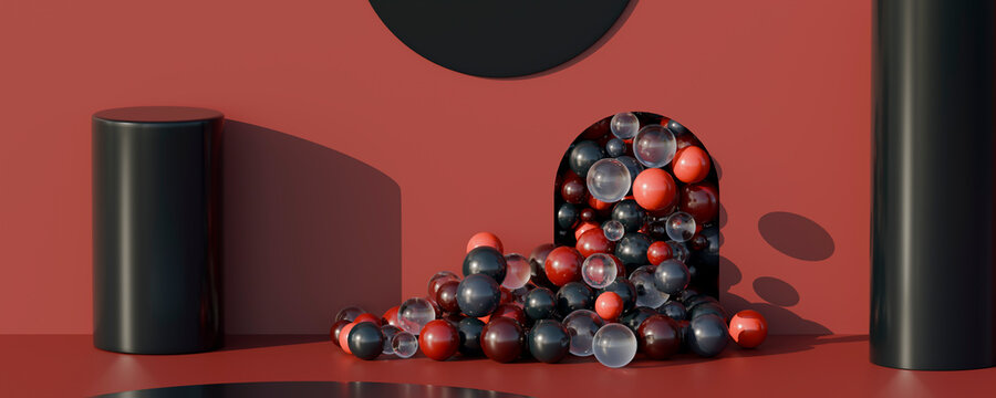 Abstract 3D marbles and spheres spilling from door in minimalist scene
