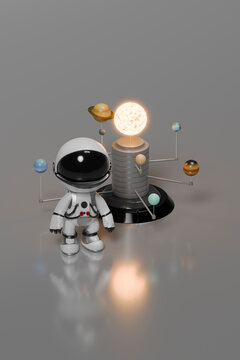 3d cartoon astronaut with solar system model in space setting