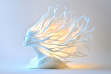 A captivating sculpture of a woman's head with flowing hair, blending light and art in a stunning display of creativity.