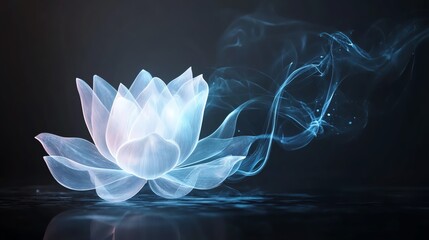 A serene and ethereal representation of a glowing lotus flower surrounded by swirling blue smoke.