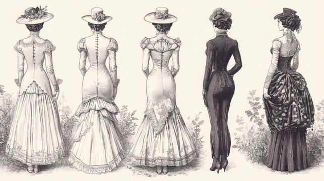 Victorian style illustrations featuring ornate clothing, elegant details, and historic charm in delicate line work ideal for vintage design, costume reference, and classic-themed artwork.