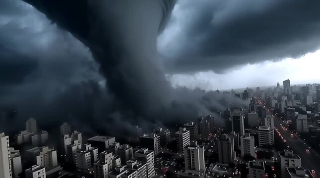 POV from rooftop as tornado spirals and typhoon clouds swirl around, sirens wailing, city in chaos below, epic scale, cinematic dread