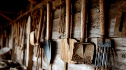 Rustic tools hanging on weathered wall