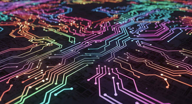 Close up view of a colorful circuit board with intricate lines and glowing connections on a dark background