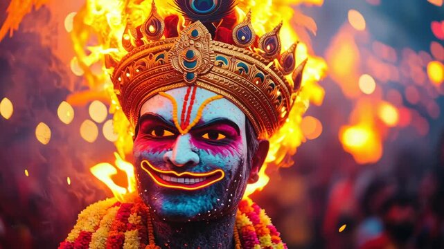 Burning effigy of Ravan with a backdrop of neon-colored lights, vivid festival atmosphere, celebrating the victory of good over evil in India