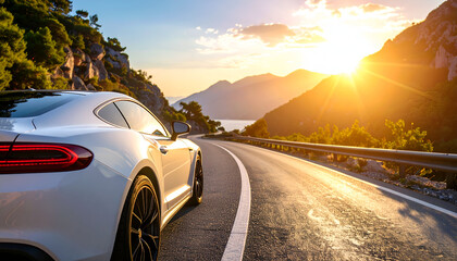 Sunset Coastal Drive with Luxury Sports Car.