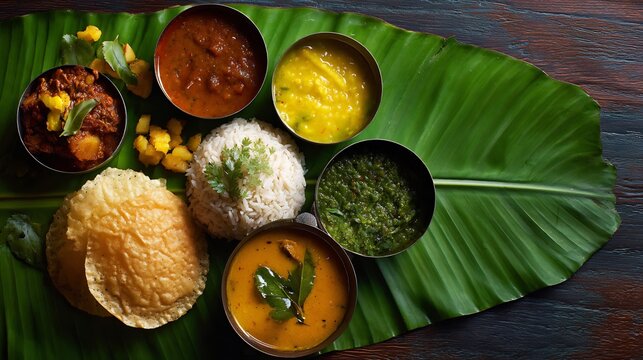 Top view of banana leaf meal rice sambar rasam and papad South Indian thali vibrant festive food styling