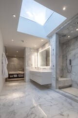 Fototapeta premium Modern bathroom with skylight and marble flooring.