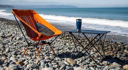 Bright orange portable chair and small table with a mug on a rocky beach by the ocean. Vacation, rest or travel concept.