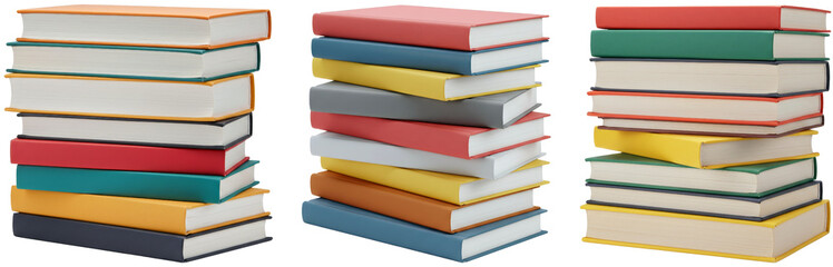Stacked books in various colors on transparent background  