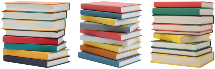 Stacked books in various colors on transparent background  