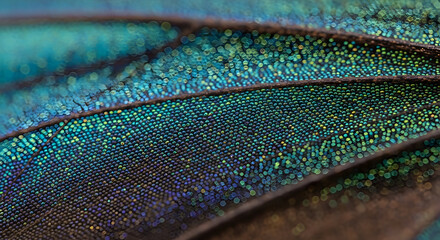 Close up of iridescent blue green insect wing with intricate scale pattern and dark veins visible