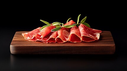 Deliciously arranged slices of fresh meat garnished with herbs on a wooden board, perfect for gourmet dishes.