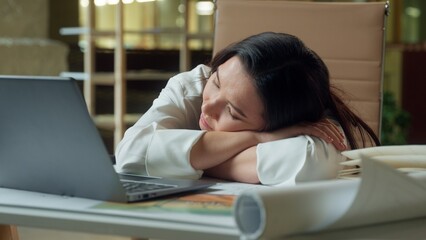 Sleeping business woman on office table tired exhausted businesswoman weary sleep nap overwork...