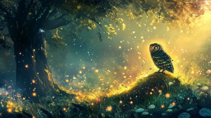 Fototapeta premium This enchanting illustration showcases a mystical owl surrounded by glowing fireflies in a serene forest setting, evoking magic and tranquility.